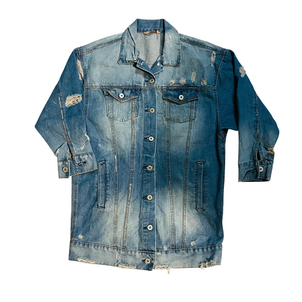 Highway Jeans Denim Jacket Womens Medium Distressed Longline Trucker Blue YD7940
